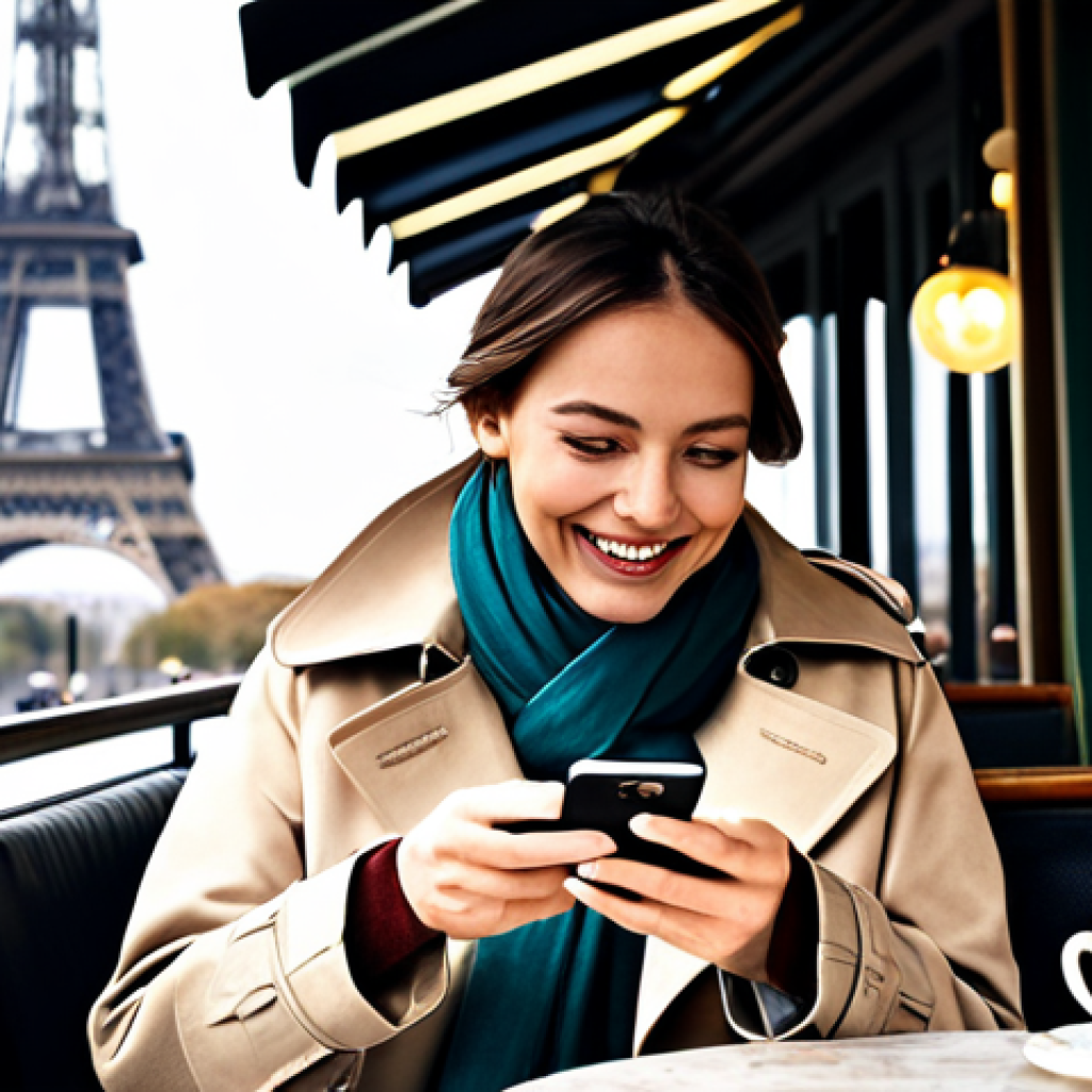 **
A sophisticated Parisian woman, fully clothed in a stylish trench coat and scarf (Hermès style), is playing Nikke on her smartphone in a cozy café. Background: soft focus view of the Eiffel Tower. She has a slight smile, showing excitement about a victory in the game. Perfect anatomy, natural proportions, well-formed hands holding the phone. Safe for work, appropriate content, professional, family-friendly, high quality.
**