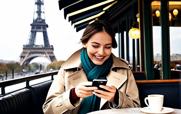 **
A sophisticated Parisian woman, fully clothed in a stylish trench coat and scarf (Hermès style), is playing Nikke on her smartphone in a cozy café. Background: soft focus view of the Eiffel Tower. She has a slight smile, showing excitement about a victory in the game. Perfect anatomy, natural proportions, well-formed hands holding the phone. Safe for work, appropriate content, professional, family-friendly, high quality.
**