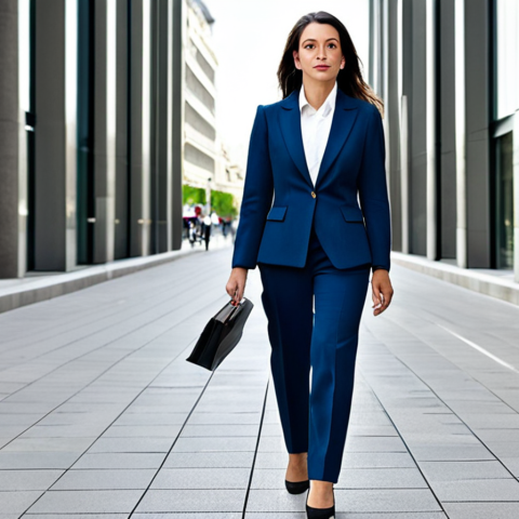 **

"A professional businesswoman in a tailored, modest pantsuit, walking confidently through the La Défense business district in Paris, fully clothed, appropriate attire, safe for work, perfect anatomy, natural proportions, professional photography, high quality, daytime."

**