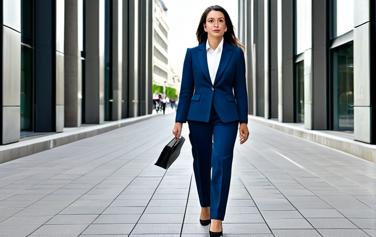 **
"A professional businesswoman in a tailored, modest pantsuit, walking confidently through the La Défense business district in Paris, fully clothed, appropriate attire, safe for work, perfect anatomy, natural proportions, professional photography, high quality, daytime."
**