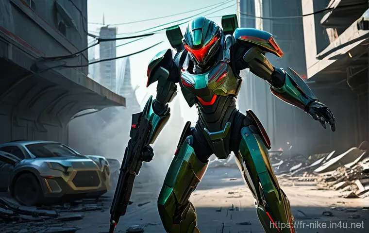 승리의여신 니케 세계관 심화 강의 - **Prompt:** A poignant medium shot of a lone Nikke, a female android soldier, standing vigil atop a ...