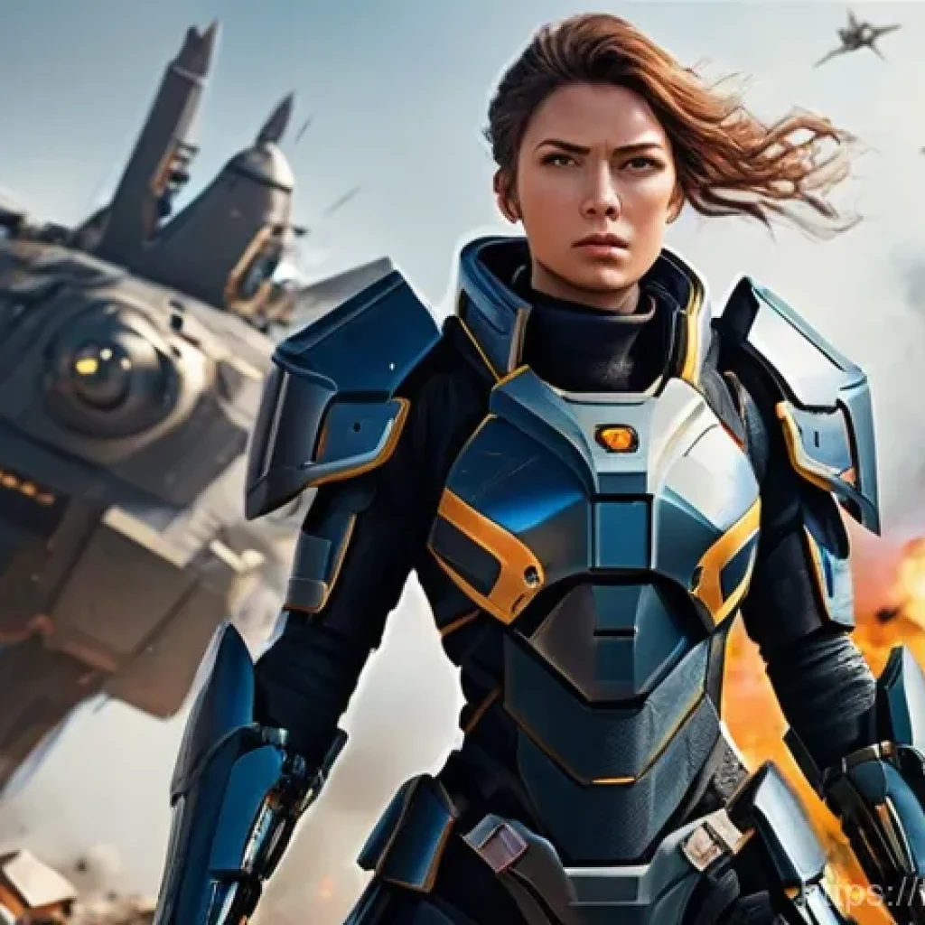 승리의여신 니케 던전 공략법 - **A formidable female Nikke Defender, inspired by Centi, stands unwavering amidst a chaotic battlefi...