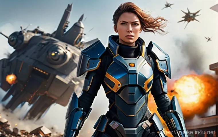 승리의여신 니케 던전 공략법 - **A formidable female Nikke Defender, inspired by Centi, stands unwavering amidst a chaotic battlefi...