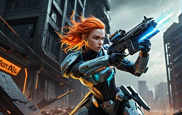 승리의여신 니케 출시 전 플레이 후기 - **Prompt:** A highly detailed, anime-style illustration of a "Nikke" combat android in intense actio...